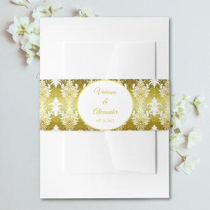 Retro Gold Green Damask Wedding Invitation Belly Band