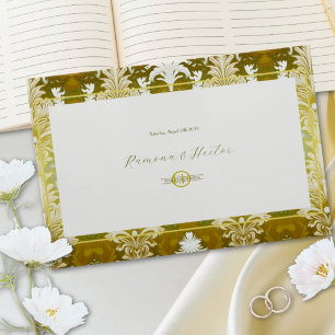 Retro Gold Green Damask Wedding Monogram Guest Book