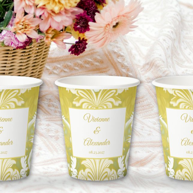 Retro Gold Green Damask Wedding Paper Cups (Creator Uploaded)