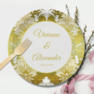 Retro Gold Green Damask Wedding Paper Plate