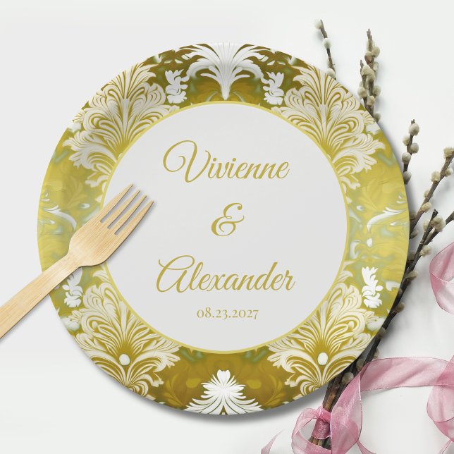 Retro Gold Green Damask Wedding  Paper Plate (Creator Uploaded)