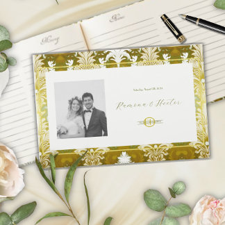 Retro Gold Green Damask Wedding Photo Monogram Guest Book