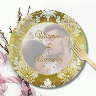 Retro Gold Green Damask Wedding Photo Paper Plate