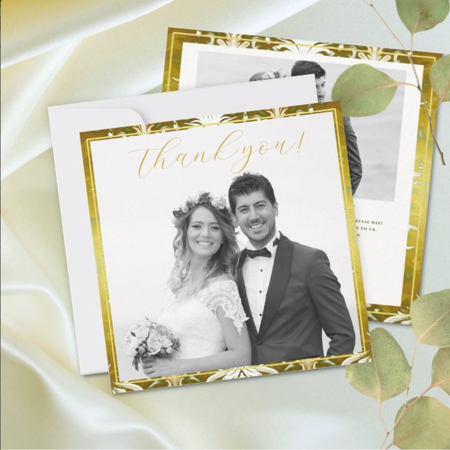 Retro Gold Green Damask Wedding Photo Thank You Card (Creator Uploaded)