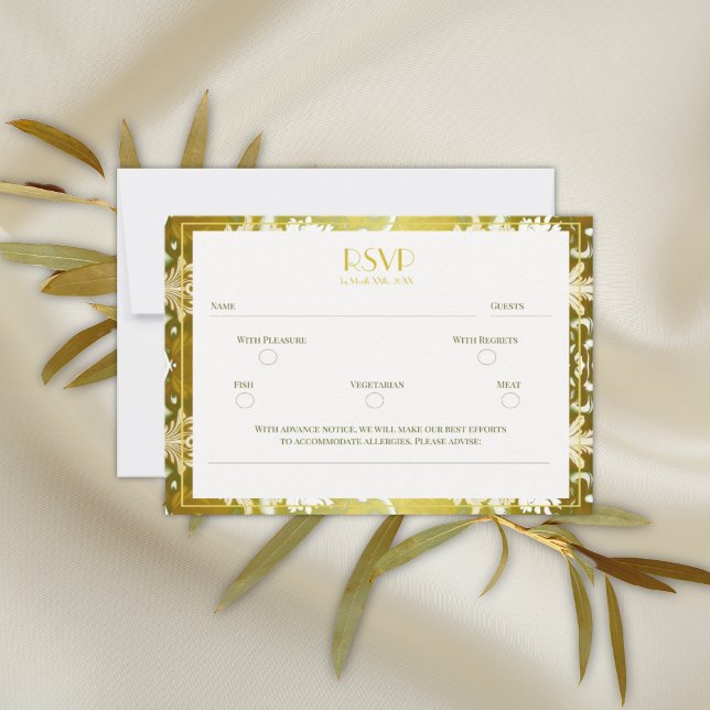 Retro Gold Green Damask Wedding RSVP Card (Creator Uploaded)