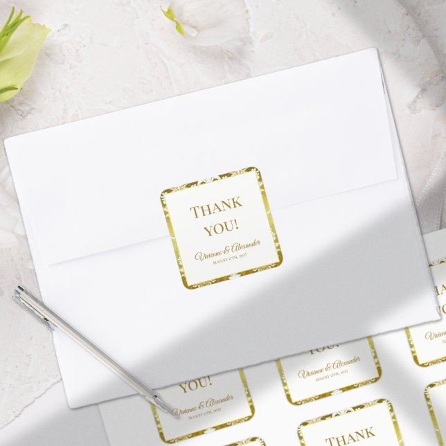 Retro Gold Green Damask Wedding Thank You Square Sticker (Creator Uploaded)