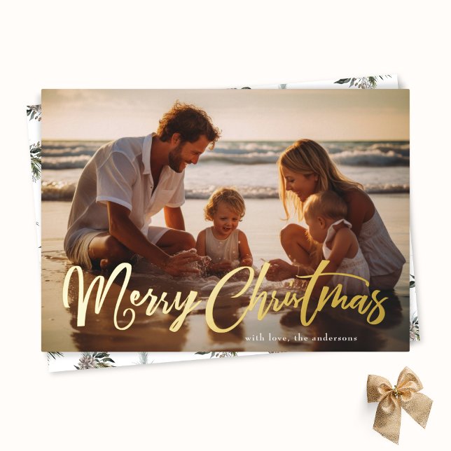 Retro Gold Lettering Merry Christmas Photo Foil Holiday Card (Creator Uploaded)