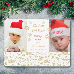 Retro Gold Mittens New Baby Photo Christmas Invitation