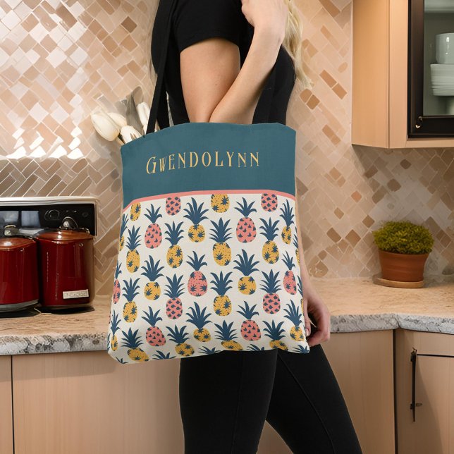 Retro Gold, Pink, and Teal Pineapples Monogram Tote Bag (Creator Uploaded)