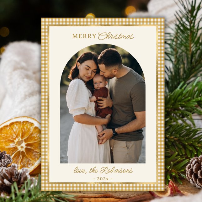 Retro Gold Plaid Arch Photo Merry Christmas  Holiday Card (Creator Uploaded)