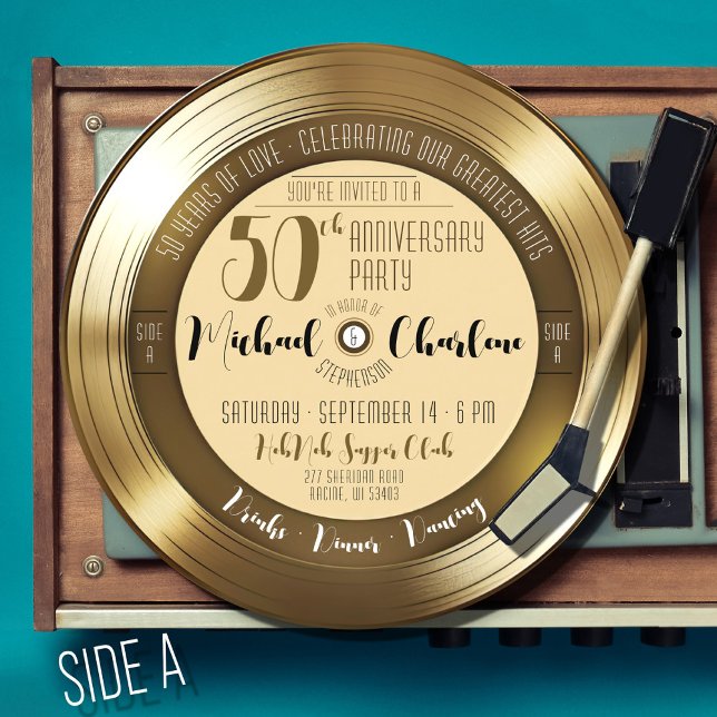 Retro Gold Record Photo 50th Anniversary Party Invitation (Black and gold vinyl record music theme fiftieth 50th wedding anniversary photo celebration)