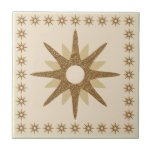 Retro Gold Starburst Design Ceramic Tile<br><div class="desc">Mid-century modern inspired design features a vintage retro starburst in shades of gold on a beige background, framed by a border of smaller starbursts. Simple, clean modern seamless design. Create your own custom pattern by using the fields provided, or use the "message" button to contact the designer for help. To...</div>