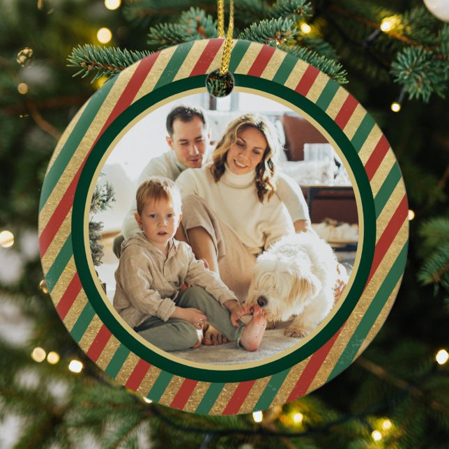 Retro Gold Stripes Family Photo Merry Christmas Ceramic Ornament (Creator Uploaded)