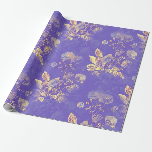 Retro Golden Flowers on Purple Wrapping Paper (Unrolled)