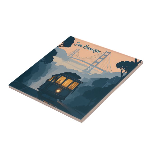 Retro Golden Gate Bridge, Cable Car, San Francisco Ceramic Tile (Side)