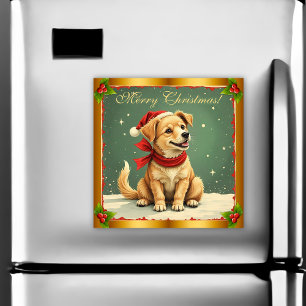 Retro Golden Retriever Puppy Christmas Card Magnet