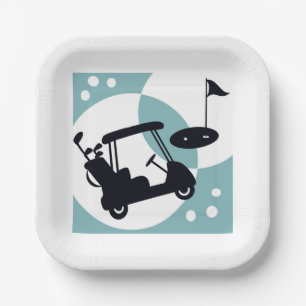 Retro golf cart in black & blue paper plate