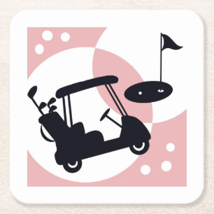 Retro golf cart in black & pink square paper coaster