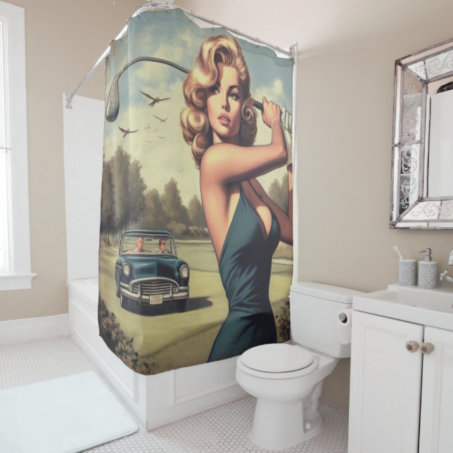 Retro Golf Girl Shower Curtain (In Situ)