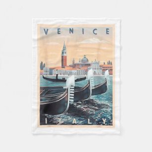 Retro Gondola Boats With Venice Skyline Italy Fleece Blanket