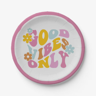 Retro Good Vibes Only 60s Quote Pastel Paper Plate