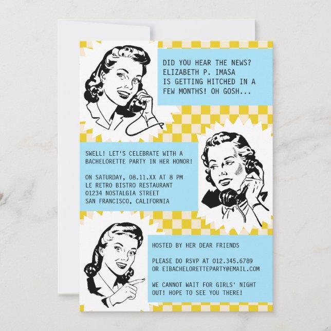 Retro Gossip Gals Bachelorette Party Invitations (Front)