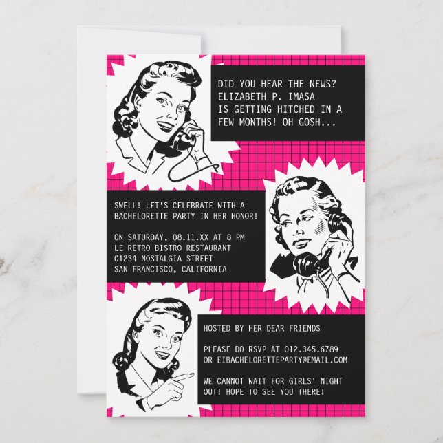 Retro Gossip Gals Bachelorette Party Invitations (Front)