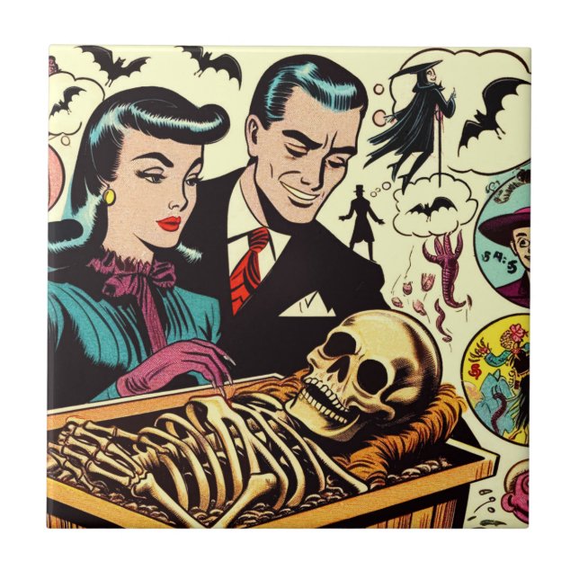 Retro Goth Couple Comics Ceramic Tile (Front)