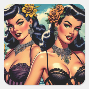 Retro Goth Girls Pin-up Square Sticker