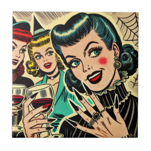 Retro Gothic Halloween Girls Comics Ceramic Tile