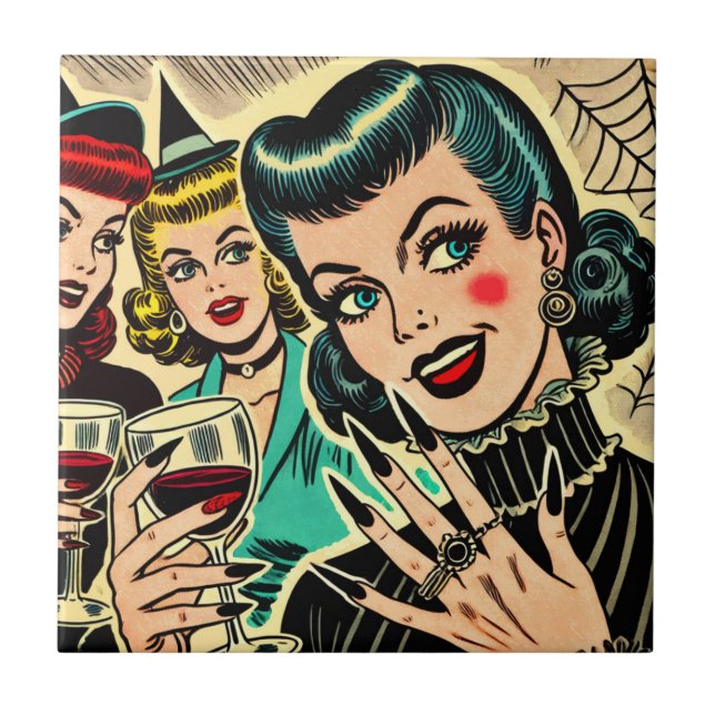 Retro Gothic Halloween Girls Comics Ceramic Tile (Front)