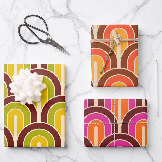 Retro Gradated Geometric Fan Pattern Wrapping Paper Sheet (Front)