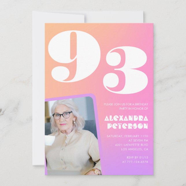 Retro Gradient Pink 93rd birthday Invitation (Front)