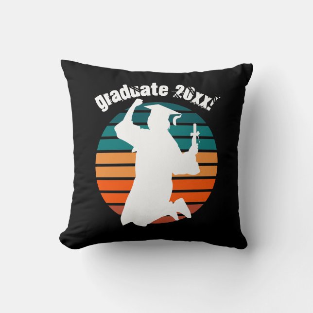 Retro Graduation Graduate Jumping for Joy Rainbow Cushion (Front)