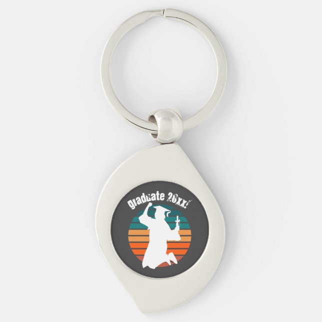 Retro Graduation Graduate Jumping for Joy Rainbow Key Ring (Front)