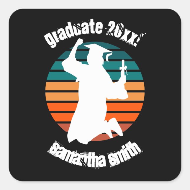 Retro Graduation Graduate Jumping for Joy Rainbow Square Sticker (Front)