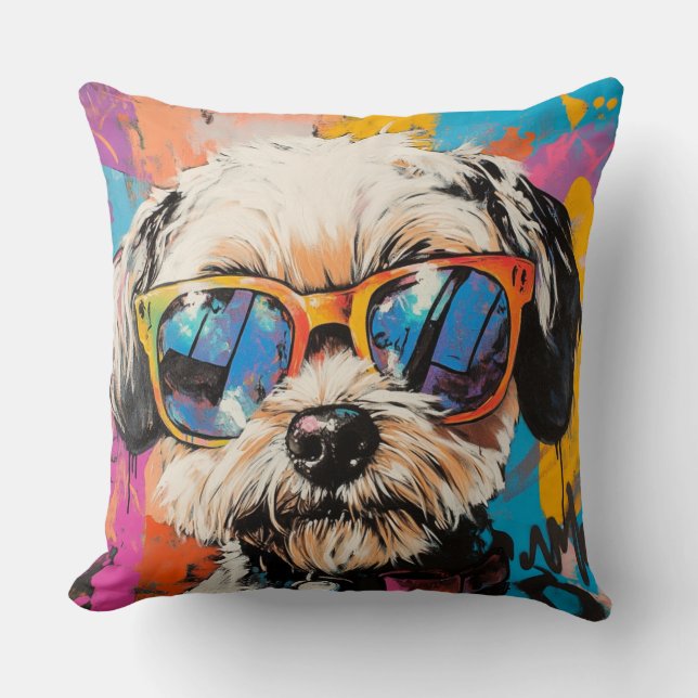 Retro Graffiti Groovy Shih Tzu Dog In Shades Cushion (Front)