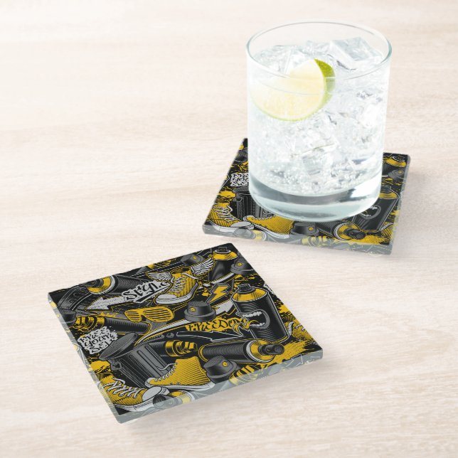 Retro Graffiti Urban Street Pattern Glass Coaster (Angled)