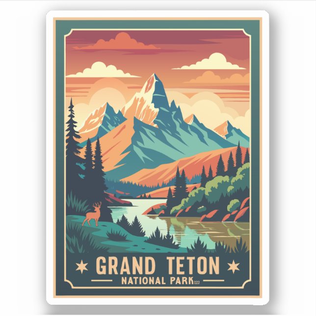 Retro Grand Teton Hike Sunset T-Shirt (Front)