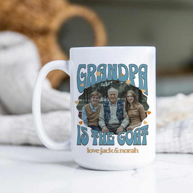 Retro Grandpa is the Goat Photo Mug (Retro GOAT mug for greatest grandpa of all time with photo and grandkids names)