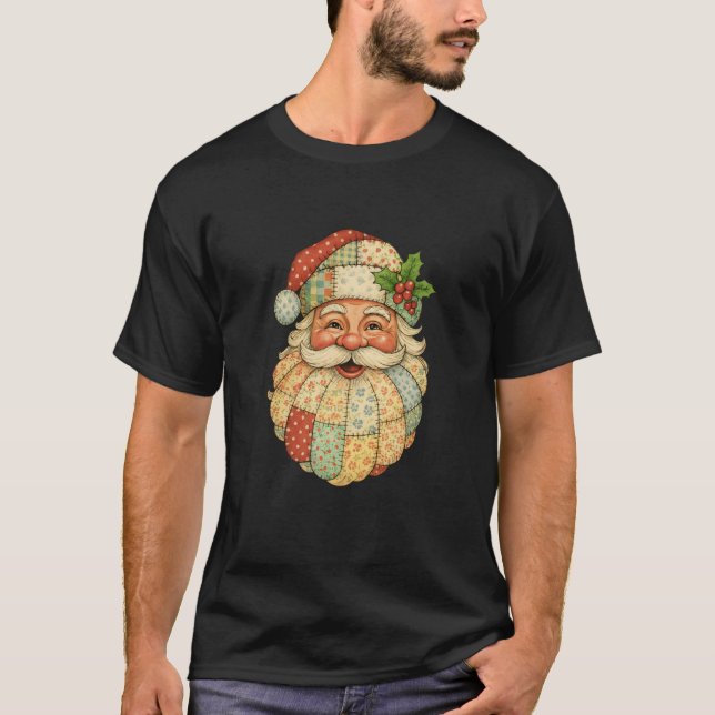Retro Graphic Patchwork Santa Claus Face Preppy Xm T-Shirt (Front)
