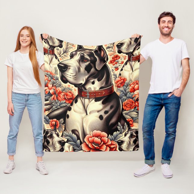 Retro Great Dane Illustration Fleece Blanket (In Situ)