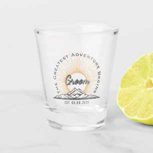 Retro Greatest Adventure Begins Groom Wedding Shot Glass