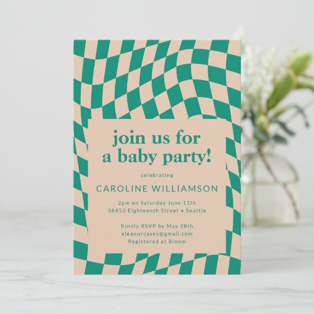 Retro Green Abstract Chequerboard Baby Shower Invitation (Standing Front)