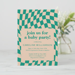 Retro Green Abstract Chequerboard Baby Shower Invitation