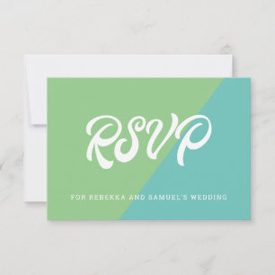 Retro Green and Blue Colour Block Wedding RSVP Card
