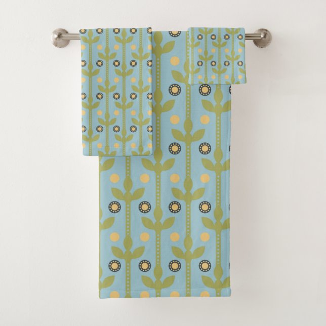 Retro Green and Blue Cute Folksy Floral Pattern Bath Towel Set (Insitu)