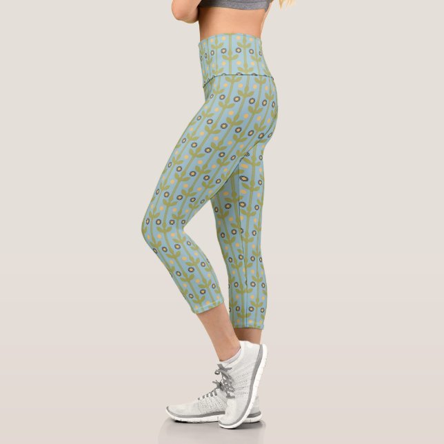 Retro Green and Blue Cute Folksy Floral Pattern Capri Leggings (Left)