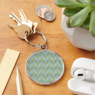 Retro Green and Blue Cute Folksy Floral Pattern Key Ring