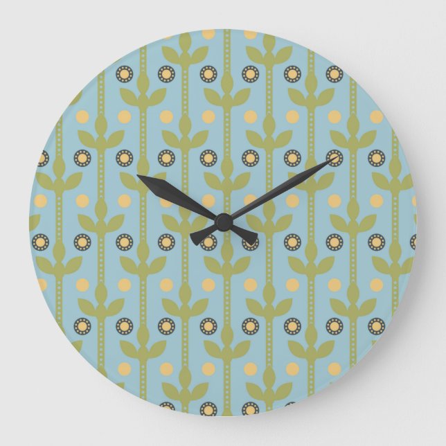 Retro Green and Blue Cute Folksy Floral Pattern Large Clock (Front)